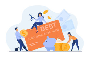 Debt. The word Debt in the background of the US dollar. Financial Burden, Loan, and Credit Concept.
